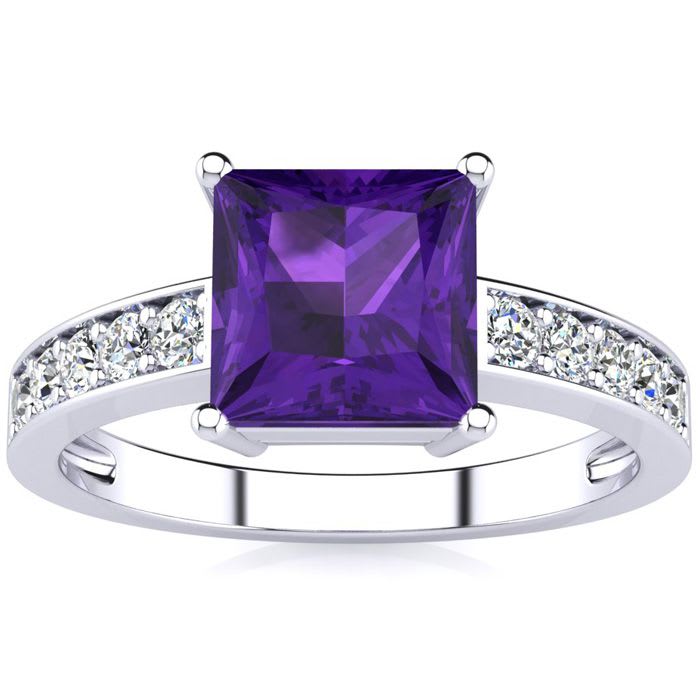 Square Step Cut 1 2/3ct Amethyst and Diamond Ring in 14K White Gold