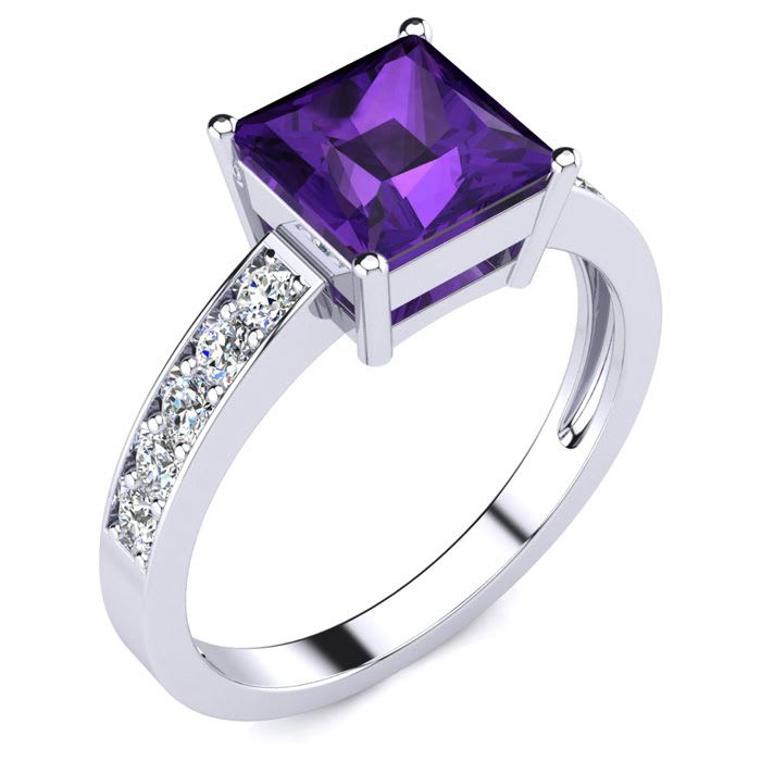 Square Step Cut 1 2/3ct Amethyst and Diamond Ring in 14K White Gold