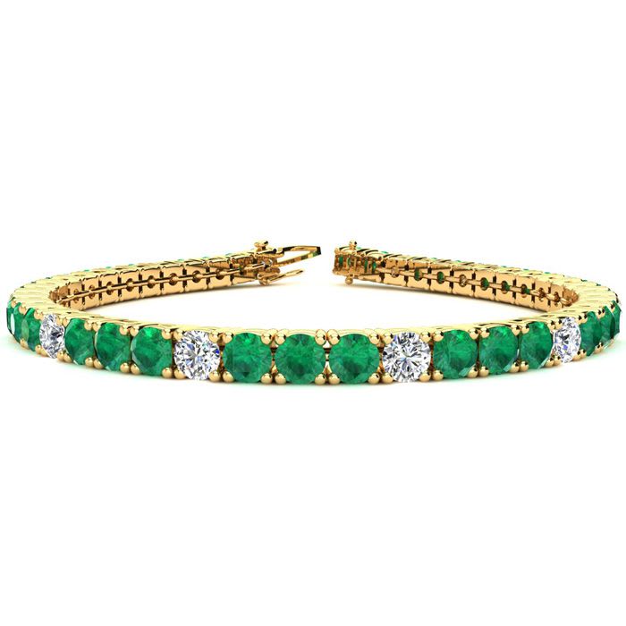 12 1/2 Carat Emerald and Diamond Alternating Tennis Bracelet In 14 Karat Yellow Gold, 8 Inches
