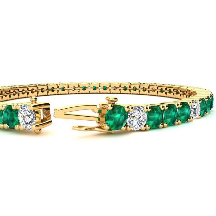 12 1/2 Carat Emerald and Diamond Alternating Tennis Bracelet In 14 Karat Yellow Gold, 8 Inches