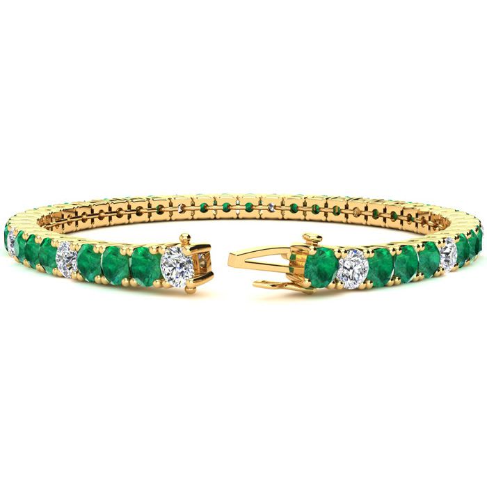 14 Carat Emerald and Diamond Alternating Tennis Bracelet In 14 Karat Yellow Gold, 9 Inches