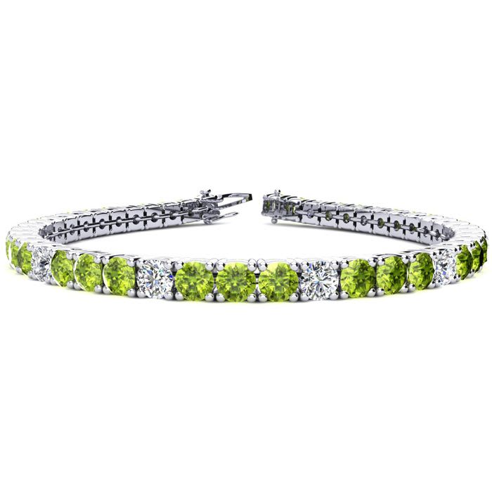 7 3/4 Carat Peridot and Diamond Alternating Tennis Bracelet In 14 Karat White Gold, 6 Inches
