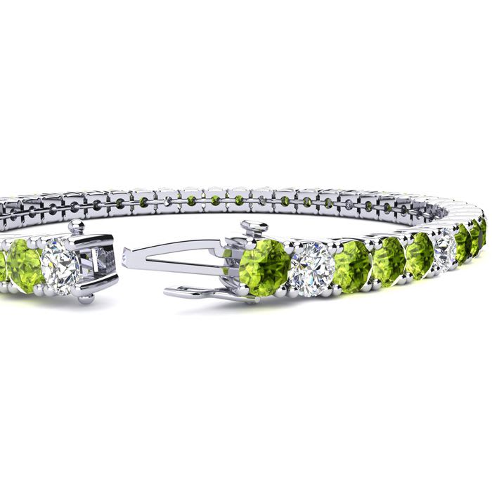 11 3/4 Carat Peridot and Diamond Alternating Tennis Bracelet In 14 Karat White Gold, 9 Inches