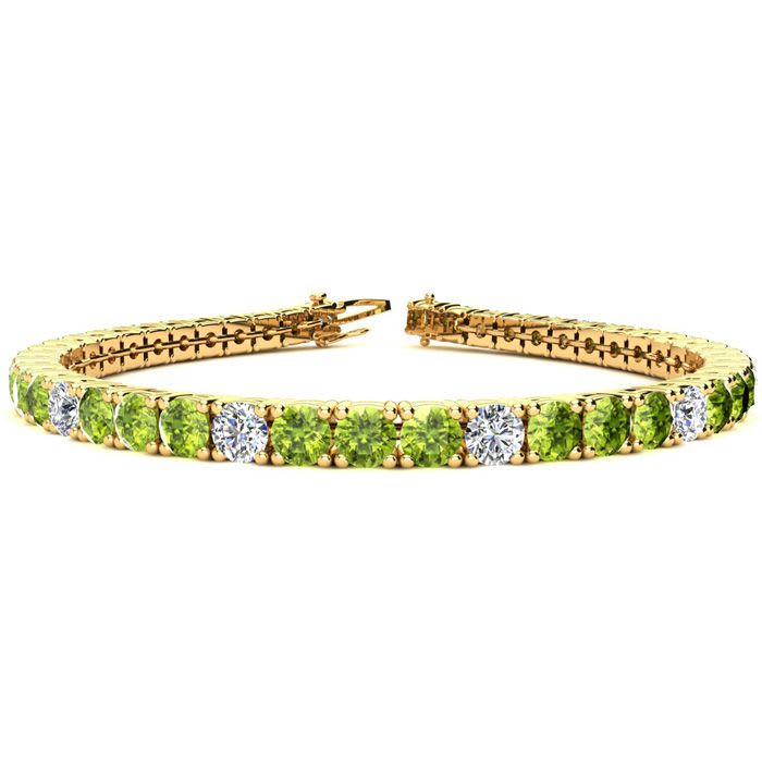 11 1/5 Carat Peridot and Diamond Alternating Tennis Bracelet In 14 Karat Yellow Gold, 8 1/2 Inches