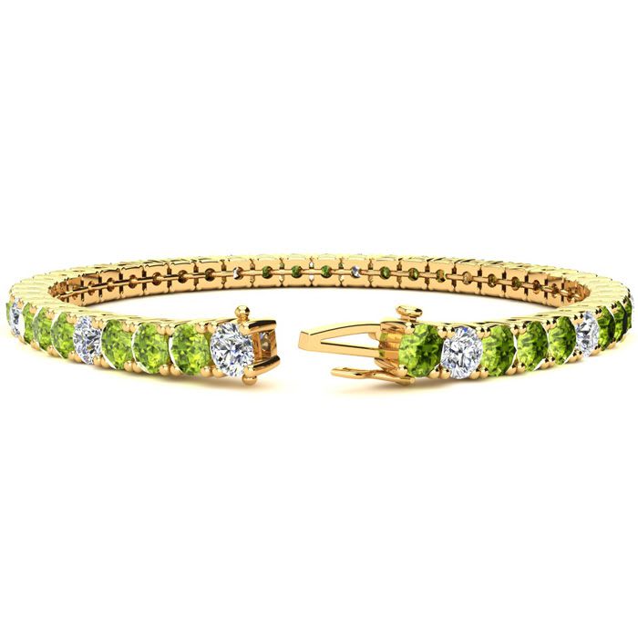 11 1/5 Carat Peridot and Diamond Alternating Tennis Bracelet In 14 Karat Yellow Gold, 8 1/2 Inches