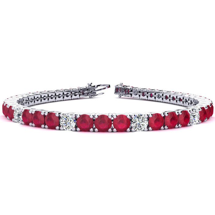Ruby Bracelet; Ruby Tennis Bracelet; 10 Carat Ruby and Diamond Alternating Tennis Bracelet In 14 Karat White Gold