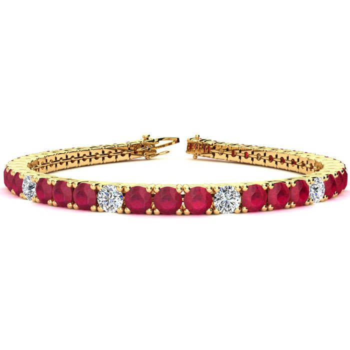 Ruby Bracelet; Ruby Tennis Bracelet; 12 1/3 Carat Ruby and Diamond Alternating Tennis Bracelet In 14 Karat Yellow Gold