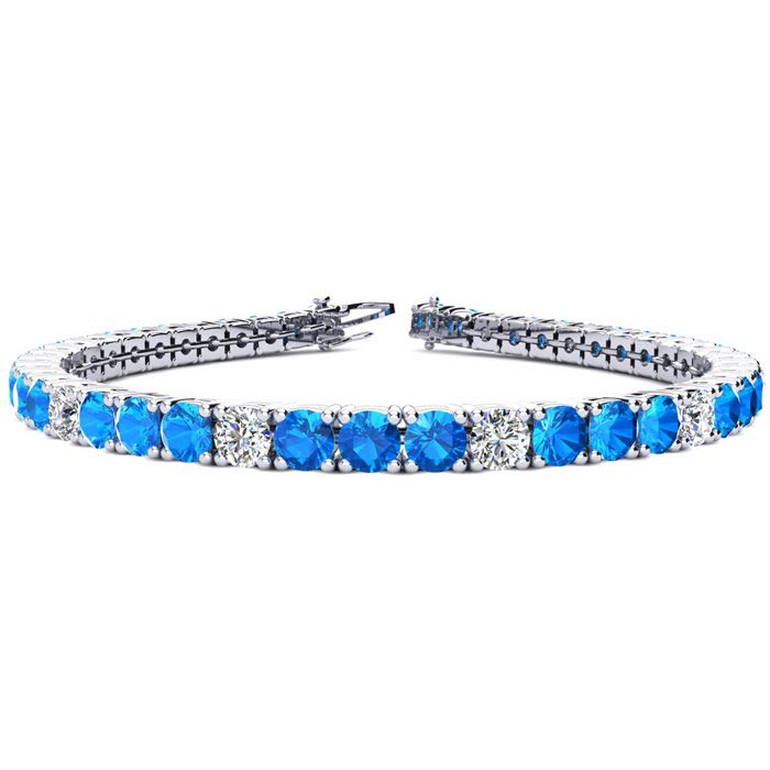 9 1/3 Carat Blue Topaz and Diamond Alternating Tennis Bracelet In 14 Karat White Gold, 6 Inches