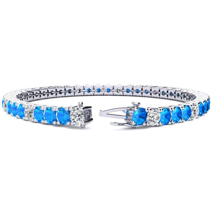 9 1/3 Carat Blue Topaz and Diamond Alternating Tennis Bracelet In 14 Karat White Gold, 6 Inches