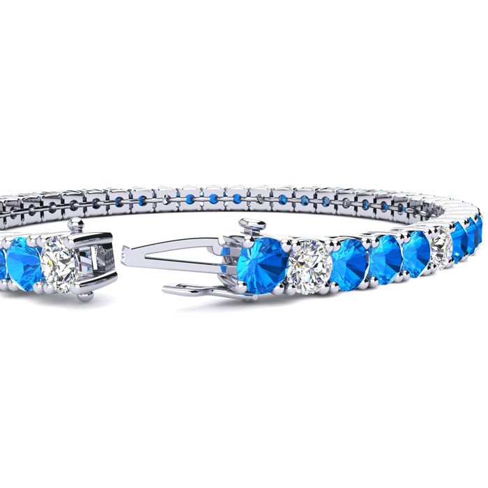 13 1/3 Carat Blue Topaz and Diamond Alternating Tennis Bracelet In 14 Karat White Gold, 8 1/2 Inches