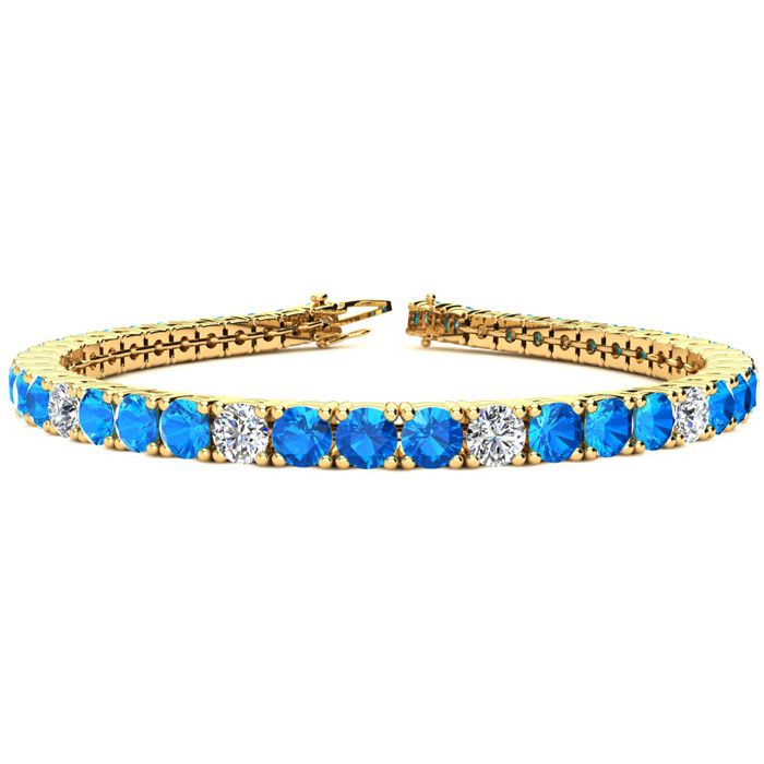 14 Carat Blue Topaz and Diamond Alternating Tennis Bracelet In 14 Karat Yellow Gold, 9 Inches