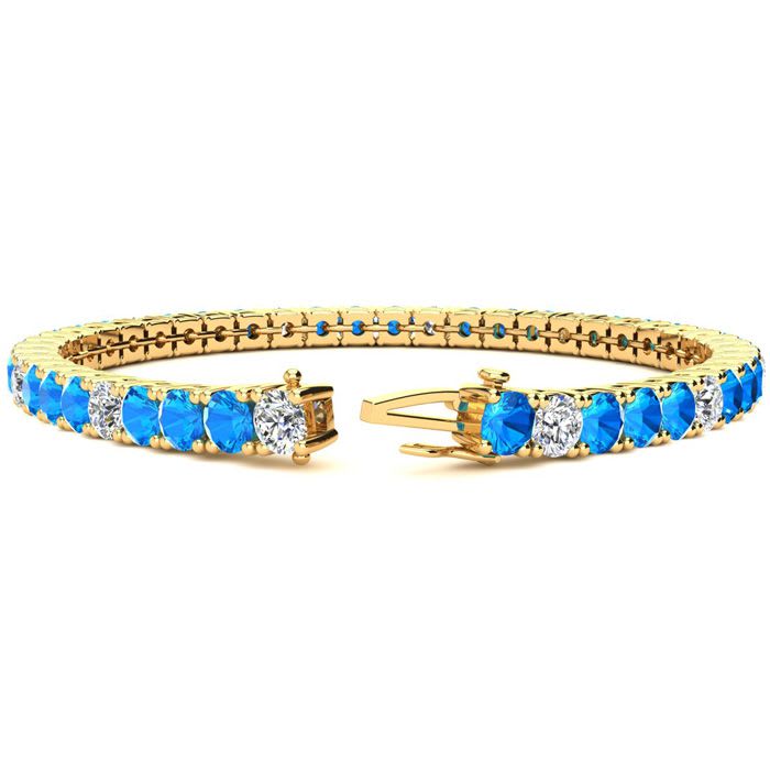 14 Carat Blue Topaz and Diamond Alternating Tennis Bracelet In 14 Karat Yellow Gold, 9 Inches