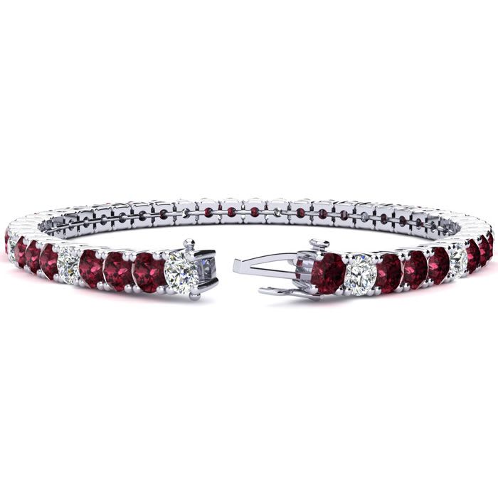 Garnet Bracelet: Garnet Jewelry: 12 Carat Garnet and Diamond Alternating Tennis Bracelet In 14 Karat White Gold, 8 1/2 Inches