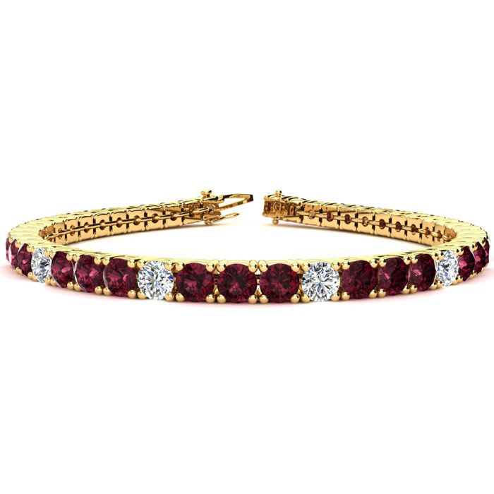 Garnet Bracelet: Garnet Jewelry: 8 1/2 Carat Garnet and Diamond Alternating Tennis Bracelet In 14 Karat Yellow Gold, 6 Inches