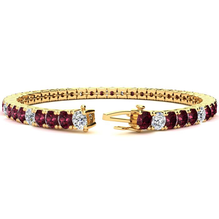 Garnet Bracelet: Garnet Jewelry: 8 1/2 Carat Garnet and Diamond Alternating Tennis Bracelet In 14 Karat Yellow Gold, 6 Inches