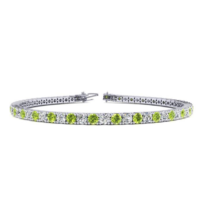3 1/2 Carat Peridot And Diamond Tennis Bracelet In 14 Karat White Gold, 6 Inches