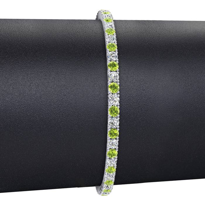 3 1/2 Carat Peridot And Diamond Tennis Bracelet In 14 Karat White Gold, 6 Inches