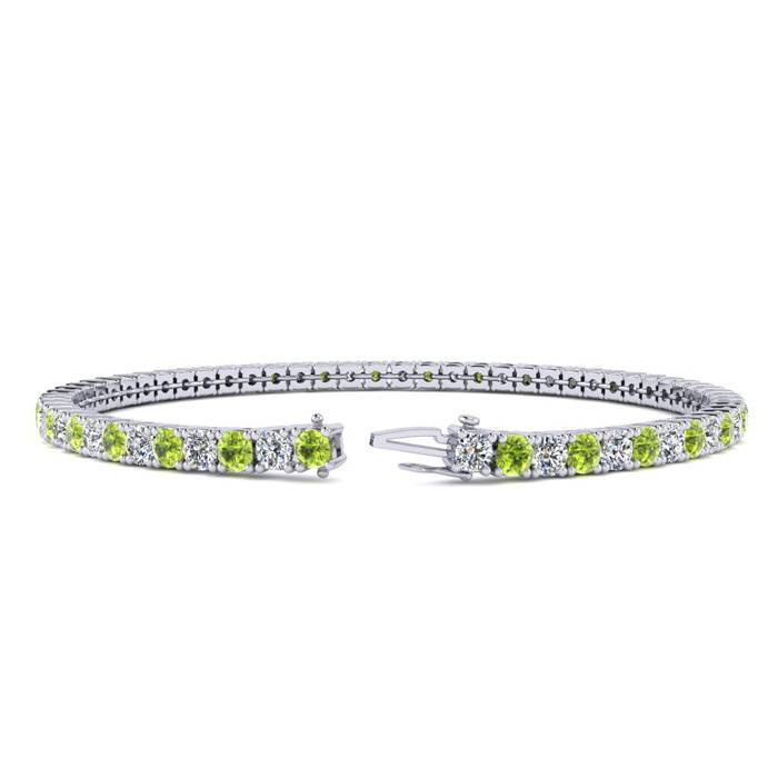 4 1/2 Carat Peridot And Diamond Tennis Bracelet In 14 Karat White Gold, 8 Inches