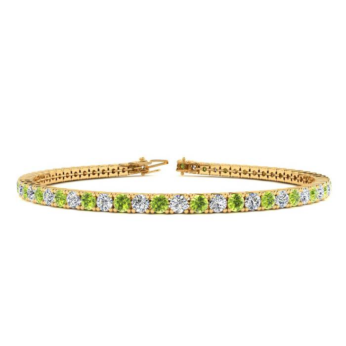 4 Carat Peridot And Diamond Tennis Bracelet In 14 Karat Yellow Gold, 7 Inches