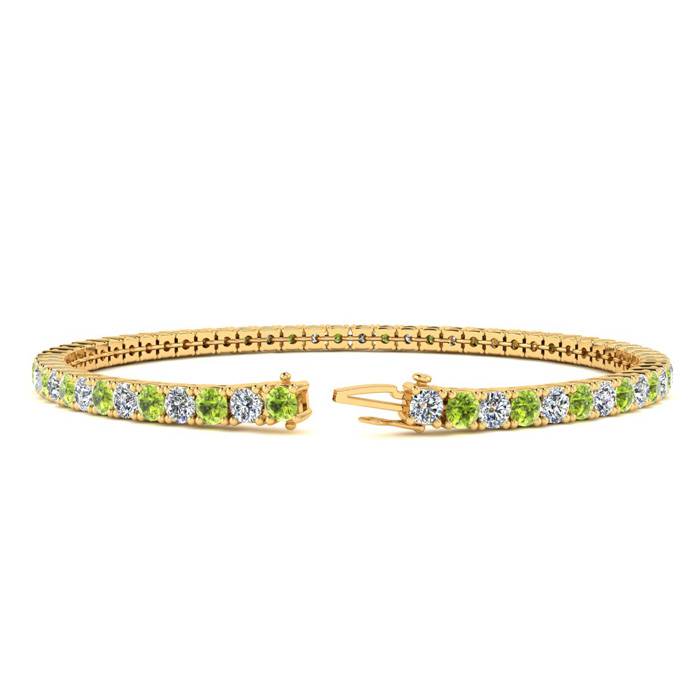 5 Carat Peridot And Diamond Tennis Bracelet In 14 Karat Yellow Gold, 9 Inches