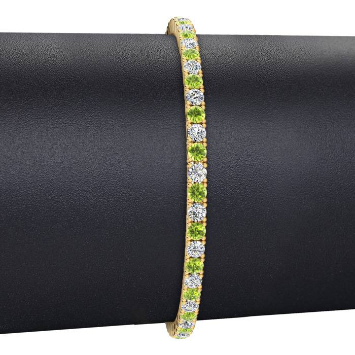 5 Carat Peridot And Diamond Tennis Bracelet In 14 Karat Yellow Gold, 9 Inches