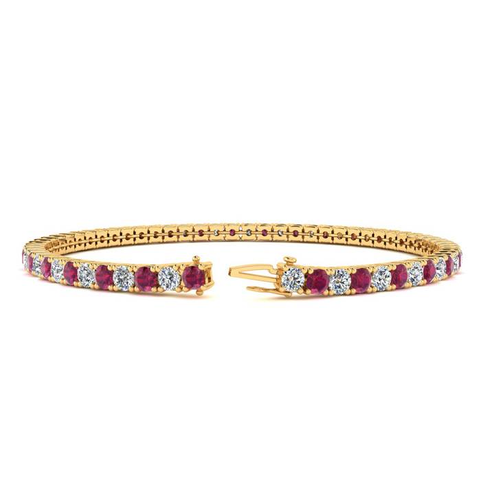 Ruby Bracelet; Ruby Tennis Bracelet; 5 Carat Ruby And Diamond Tennis Bracelet In 14 Karat Yellow Gold