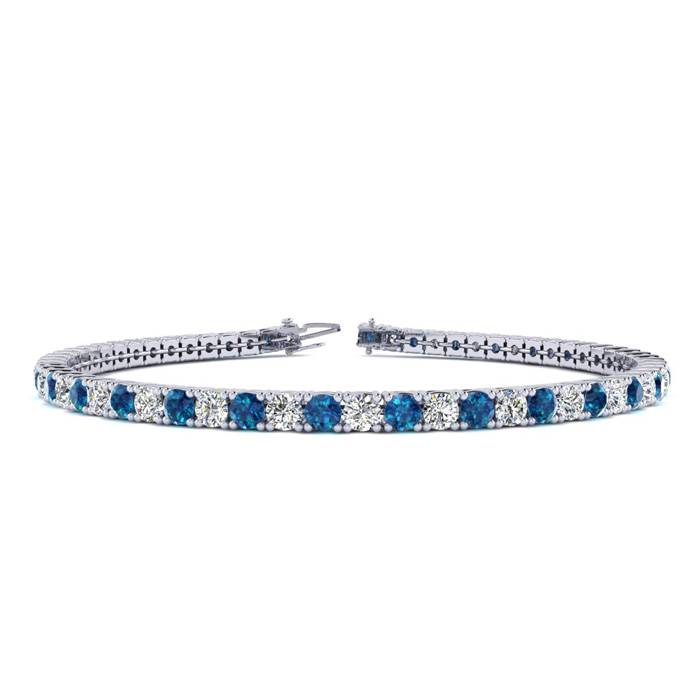 3 1/2 Carat Blue And White Diamond Tennis Bracelet In 14 Karat White Gold, 6 Inches