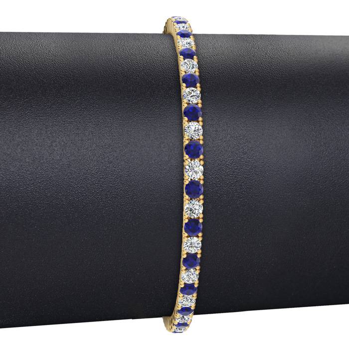 5 1/2 Carat Sapphire And Diamond Tennis Bracelet In 14 Karat Yellow Gold, 8 1/2 Inches