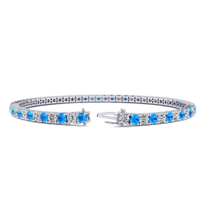 4 1/4 Carat Blue Topaz And Diamond Tennis Bracelet In 14 Karat White Gold, 6 1/2 Inches
