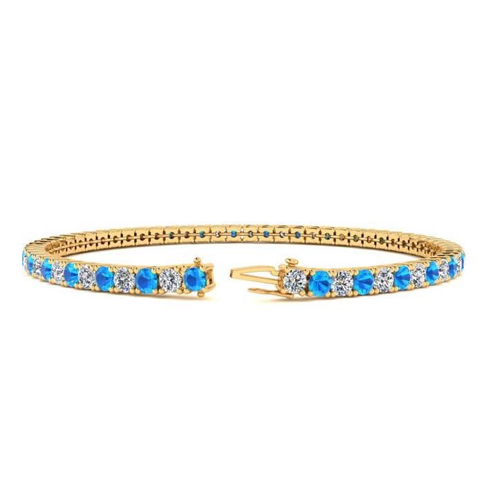4 Carat Blue Topaz And Diamond Tennis Bracelet In 14 Karat Yellow Gold, 6 Inches