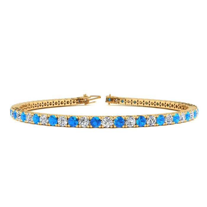 5 Carat Blue Topaz And Diamond Tennis Bracelet In 14 Karat Yellow Gold, 8 Inches
