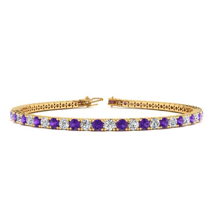 3 1/2 Carat Amethyst And Diamond Tennis Bracelet In 14 Karat Yellow Gold, 6 Inches