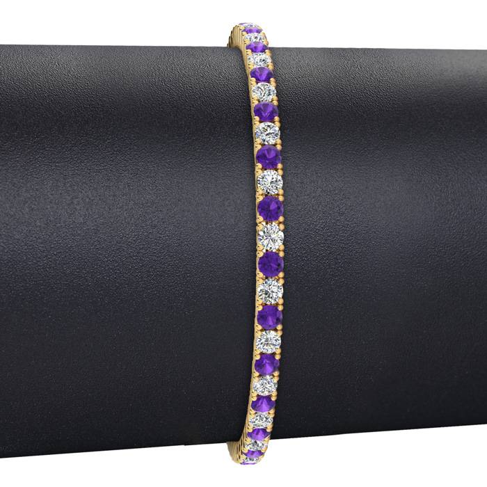 3 1/2 Carat Amethyst And Diamond Tennis Bracelet In 14 Karat Yellow Gold, 6 Inches