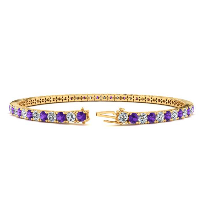 4 1/2 Carat Amethyst And Diamond Tennis Bracelet In 14 Karat Yellow Gold, 8 Inches