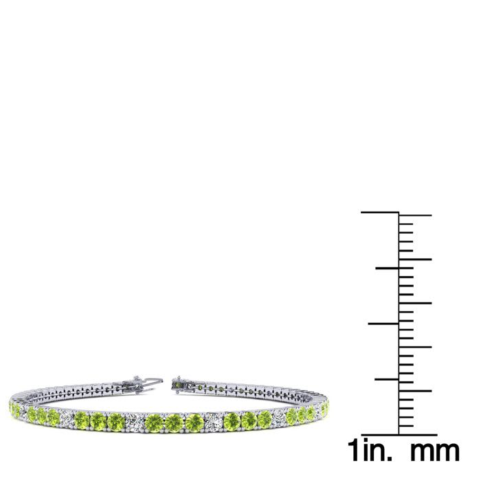 3 1/2 Carat Peridot And Diamond Alternating Tennis Bracelet In 14 Karat White Gold, 6 1/2 Inches