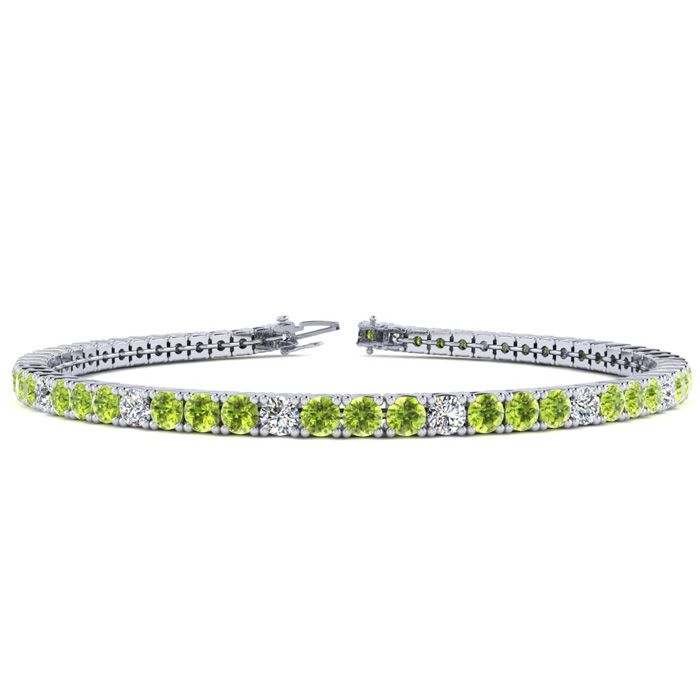 4 1/4 Carat Peridot And Diamond Alternating Tennis Bracelet In 14 Karat White Gold, 7 1/2 Inches