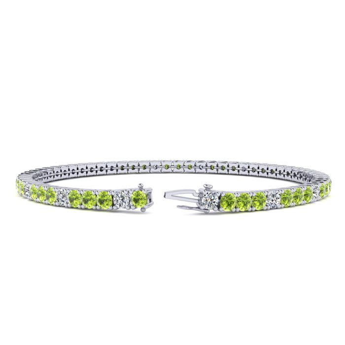 4 1/2 Carat Peridot And Diamond Alternating Tennis Bracelet In 14 Karat White Gold, 8 Inches