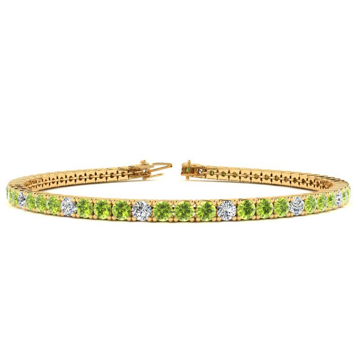 4 Carat Peridot And Diamond Alternating Tennis Bracelet In 14 Karat Yellow Gold, 7 Inches