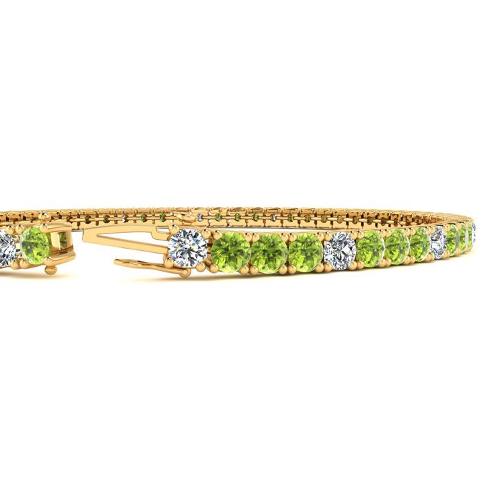 4 Carat Peridot And Diamond Alternating Tennis Bracelet In 14 Karat Yellow Gold, 7 Inches