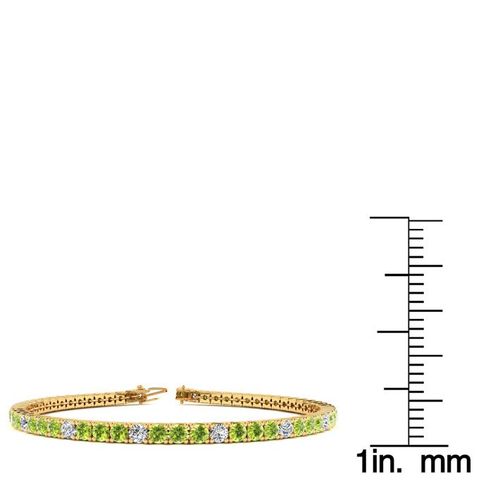 4 Carat Peridot And Diamond Alternating Tennis Bracelet In 14 Karat Yellow Gold, 7 Inches