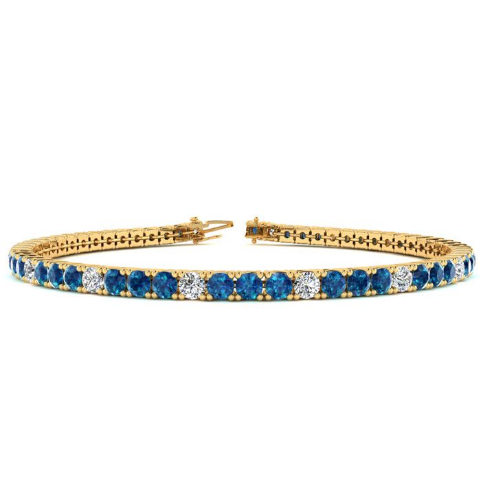 4 3/4 Carat Blue And White Diamond Alternating Tennis Bracelet In 14 Karat Yellow Gold, 8 1/2 Inches