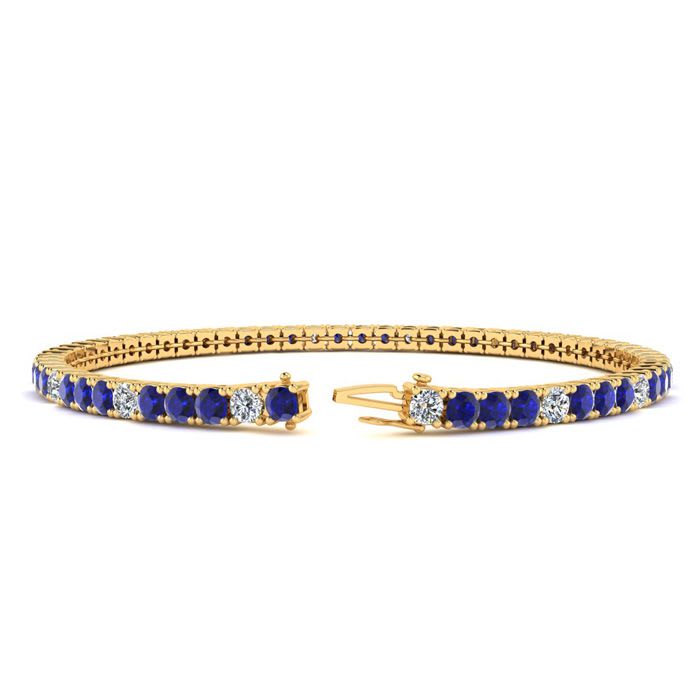 6 Carat Sapphire And Diamond Alternating Tennis Bracelet In 14 Karat Yellow Gold, 8 1/2 Inches