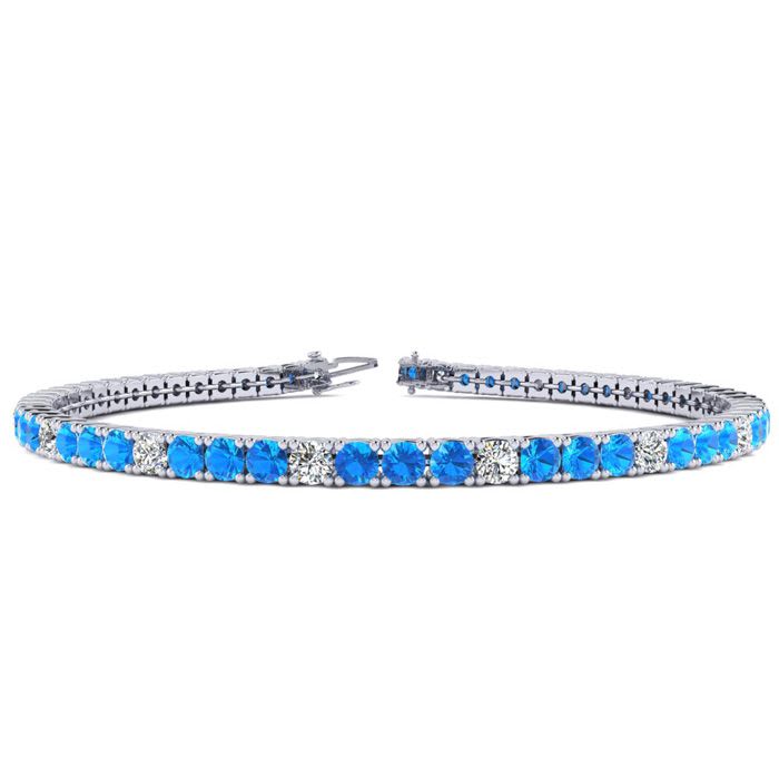 5 Carat Blue Topaz And Diamond Alternating Tennis Bracelet In 14 Karat White Gold, 7 Inches