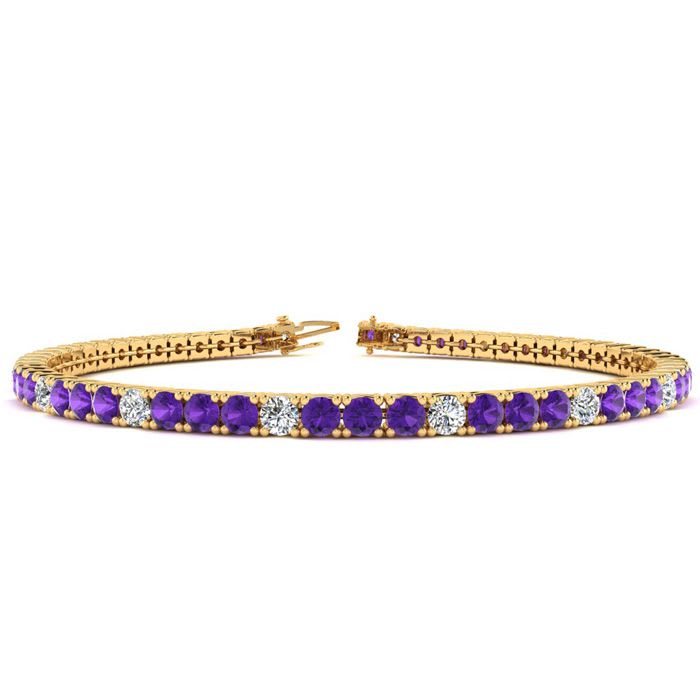 4 Carat Amethyst And Diamond Alternating Tennis Bracelet In 14 Karat Yellow Gold, 7 Inches