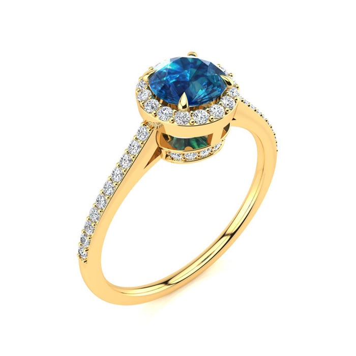 1 Carat Blue Diamond Halo Engagement Ring in 14k Yellow Gold