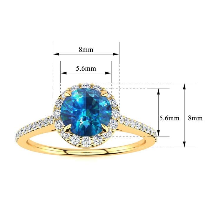 1 Carat Blue Diamond Halo Engagement Ring in 14k Yellow Gold