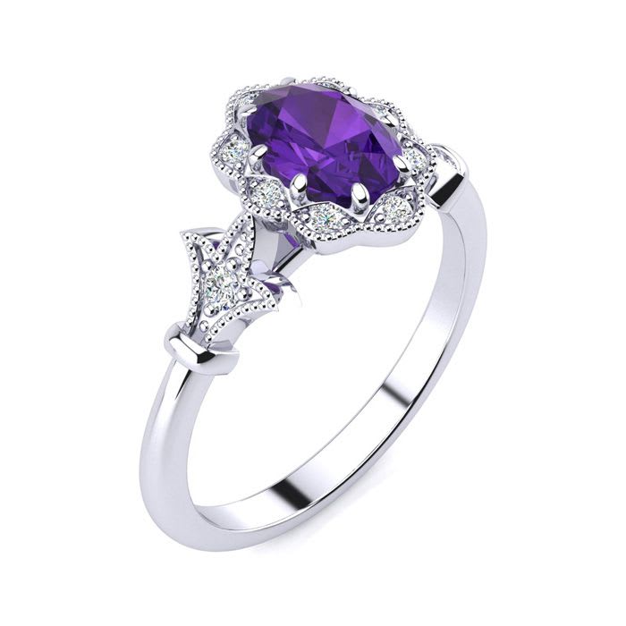 3/4 Carat Oval Shape Amethyst and Halo Diamond Vintage Ring In 14 Karat White Gold