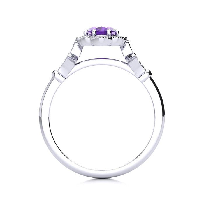 3/4 Carat Oval Shape Amethyst and Halo Diamond Vintage Ring In 14 Karat White Gold