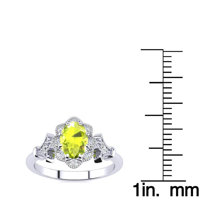 1 Carat Oval Shape Peridot and Halo Diamond Vintage Ring In 14 Karat White Gold