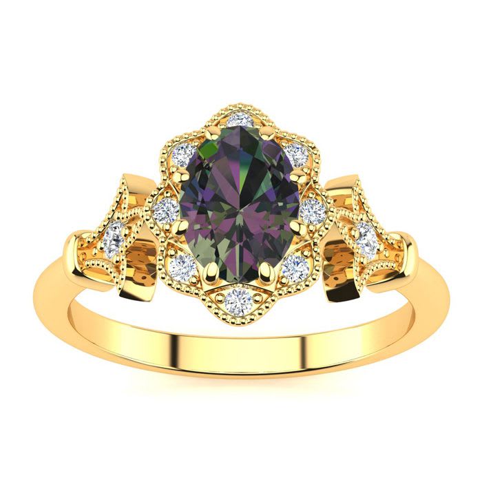 3/4 Carat Oval Shape Mystic Topaz and Halo Diamond Vintage Ring In 14 Karat Yellow Gold
